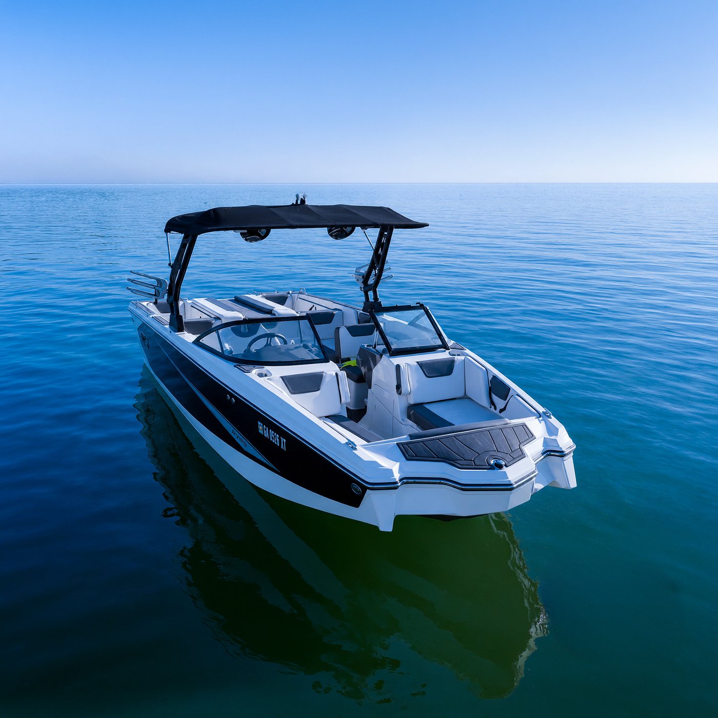 Luxury Party Boat aerial view on the water